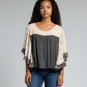 CELESTE | Spring Affair Colorblock Floral Flutter Sleeves Boho Top size Medium